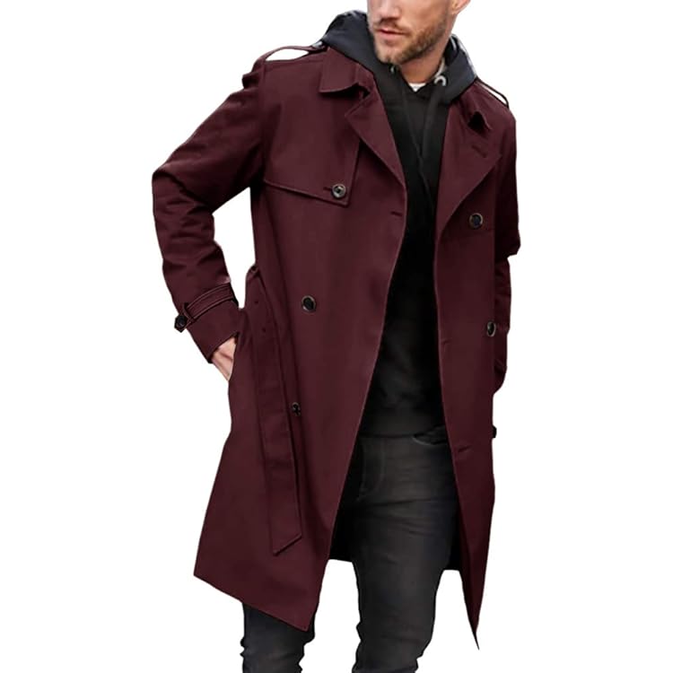 Gafeng Mens Double Breasted Trench Coat Notched Lapel Casual Slim